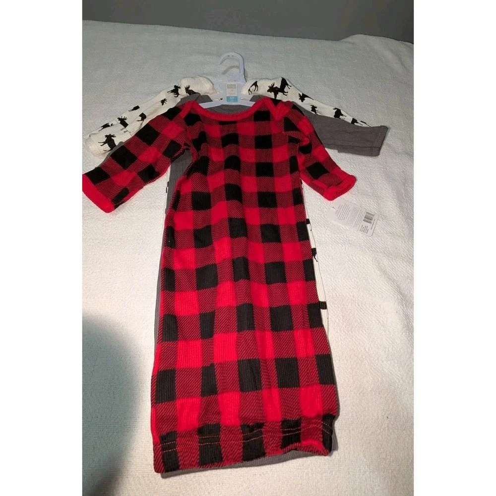 NWT Cozy, 3-pack one-piece baby clothes, Moose Print, Plaid Gowns 0-6 Months